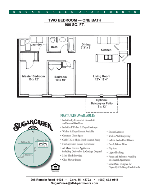 Floor plan for 2 beds, 1 bath, 900 sqft